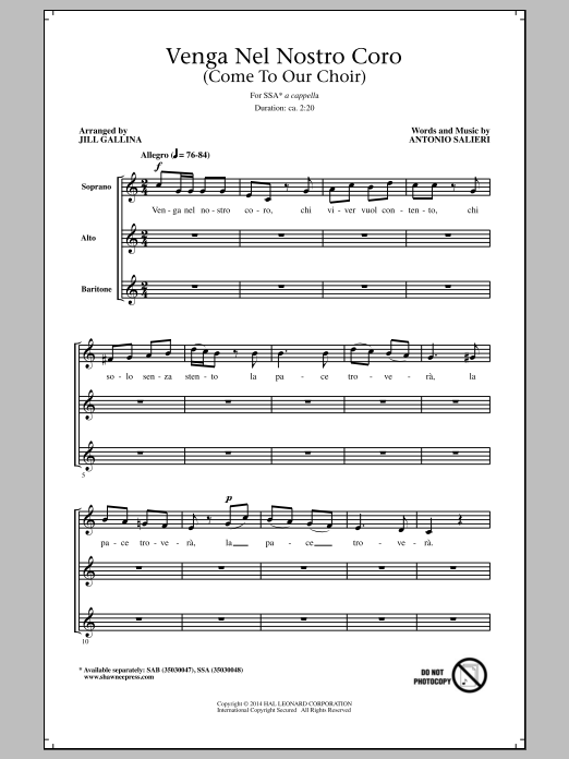 Jill Gallina Venga Nel Nostro Coro sheet music notes and chords arranged for SAB Choir