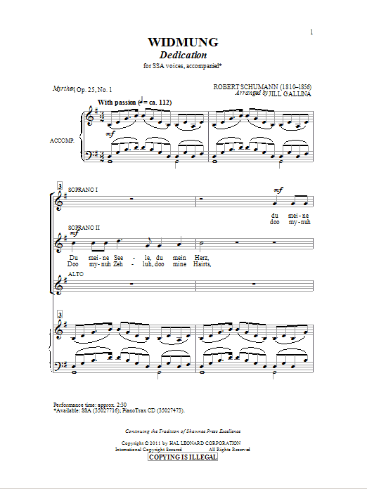 Jill Gallina Widmung sheet music notes and chords arranged for SSA Choir