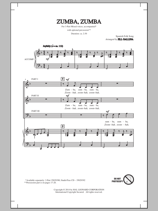 Jill Gallina Zumba, Zumba sheet music notes and chords arranged for 3-Part Mixed Choir