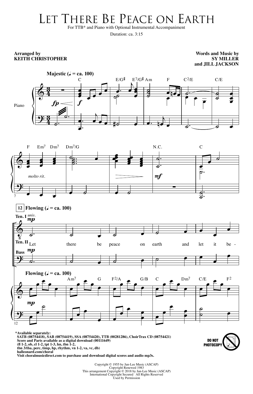 Jill Jackson & Sy Miller Let There Be Peace On Earth (arr. Keith Christopher) sheet music notes and chords arranged for TTB Choir