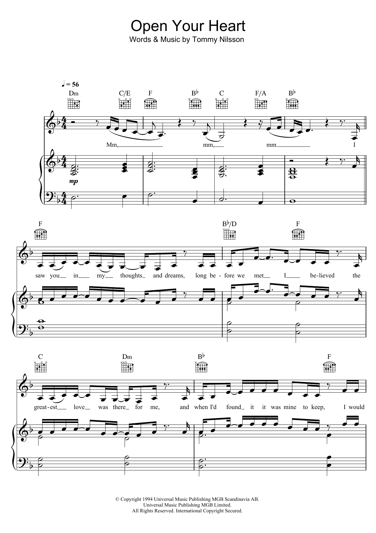 Jill Johnson Open Your Heart (Oppna Din Dorr) sheet music notes and chords arranged for Piano, Vocal & Guitar Chords