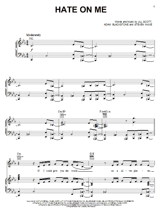 Jill Scott Hate On Me sheet music notes and chords arranged for Piano, Vocal & Guitar Chords (Right-Hand Melody)