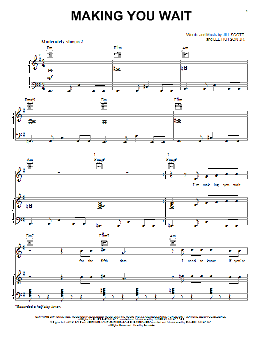 Jill Scott Making You Wait sheet music notes and chords arranged for Piano, Vocal & Guitar Chords (Right-Hand Melody)