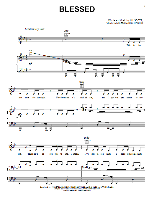 Jill Scott Blessed sheet music notes and chords arranged for Piano, Vocal & Guitar Chords (Right-Hand Melody)