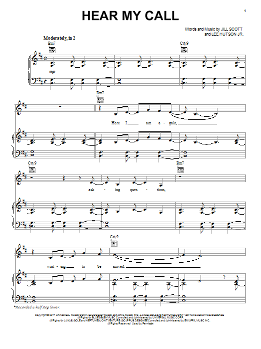 Jill Scott Hear My Call sheet music notes and chords arranged for Piano, Vocal & Guitar Chords (Right-Hand Melody)