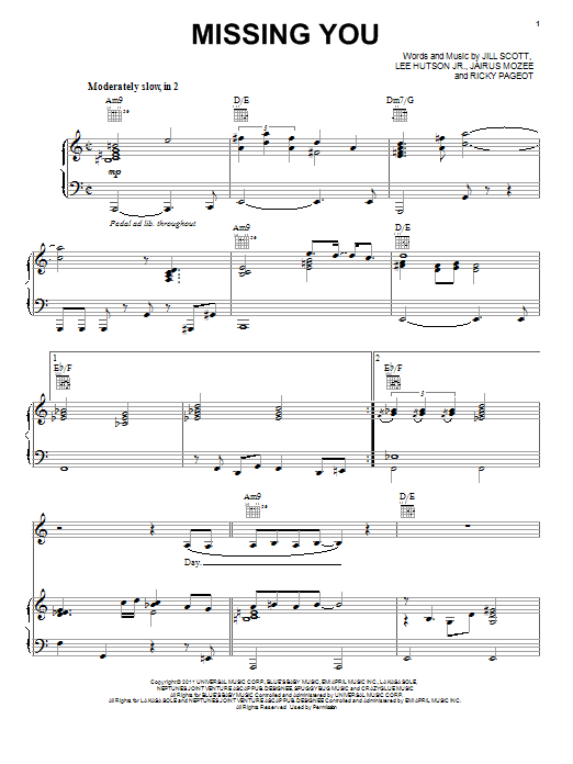 Jill Scott Missing You sheet music notes and chords arranged for Piano, Vocal & Guitar Chords (Right-Hand Melody)