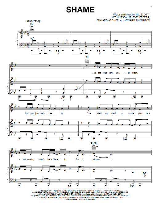 Jill Scott Shame sheet music notes and chords arranged for Piano, Vocal & Guitar Chords (Right-Hand Melody)