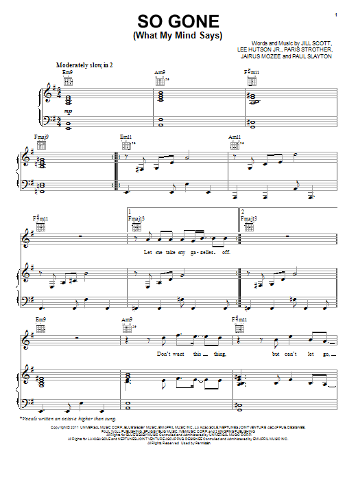 Jill Scott So Gone (What My Mind Says) sheet music notes and chords arranged for Piano, Vocal & Guitar Chords (Right-Hand Melody)