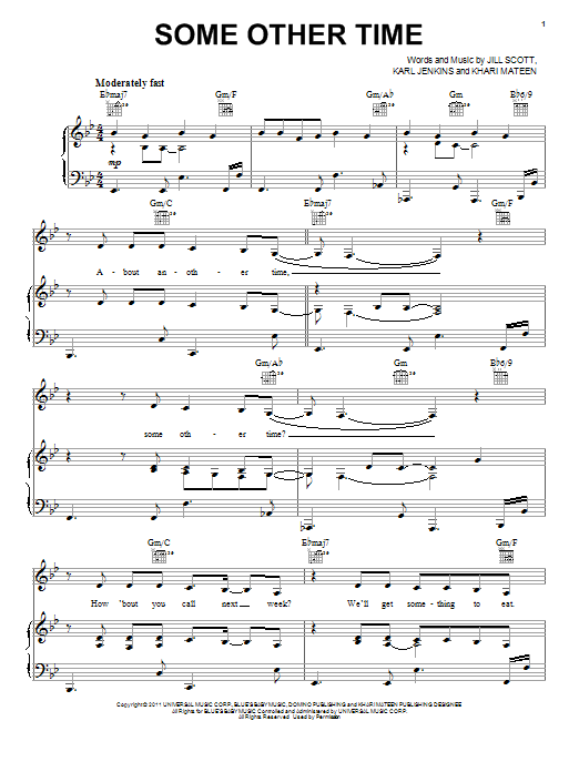 Jill Scott Some Other Time sheet music notes and chords arranged for Piano, Vocal & Guitar Chords (Right-Hand Melody)