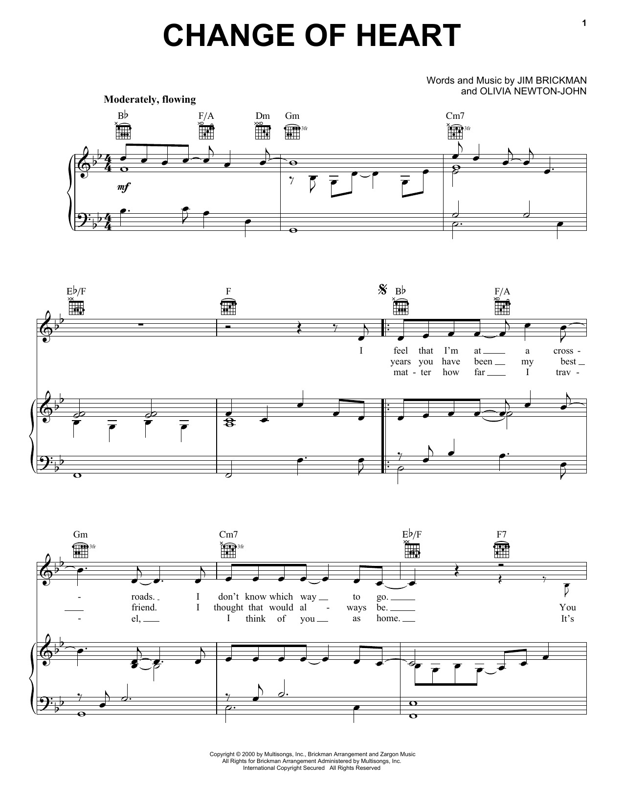Jim Brickman Change Of Heart (feat. Olivia Newton-John) sheet music notes and chords arranged for Piano, Vocal & Guitar Chords (Right-Hand Melody)