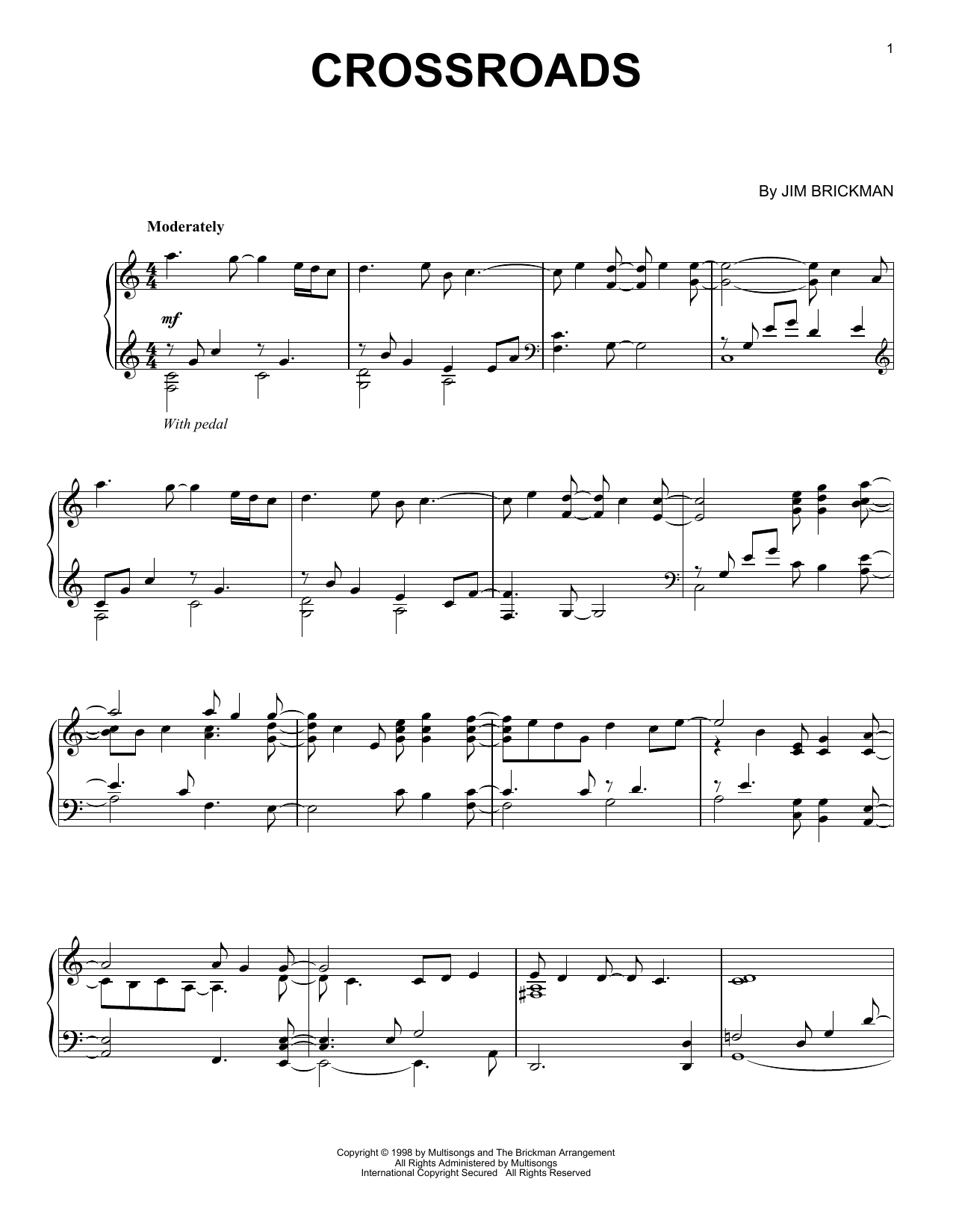 Jim Brickman Crossroads sheet music notes and chords arranged for Easy Piano