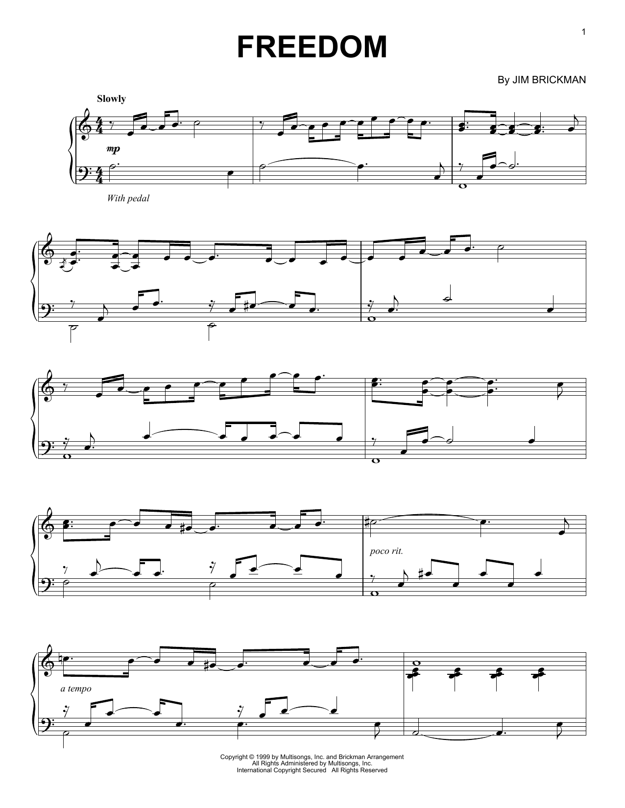 Jim Brickman Freedom sheet music notes and chords arranged for Piano Solo