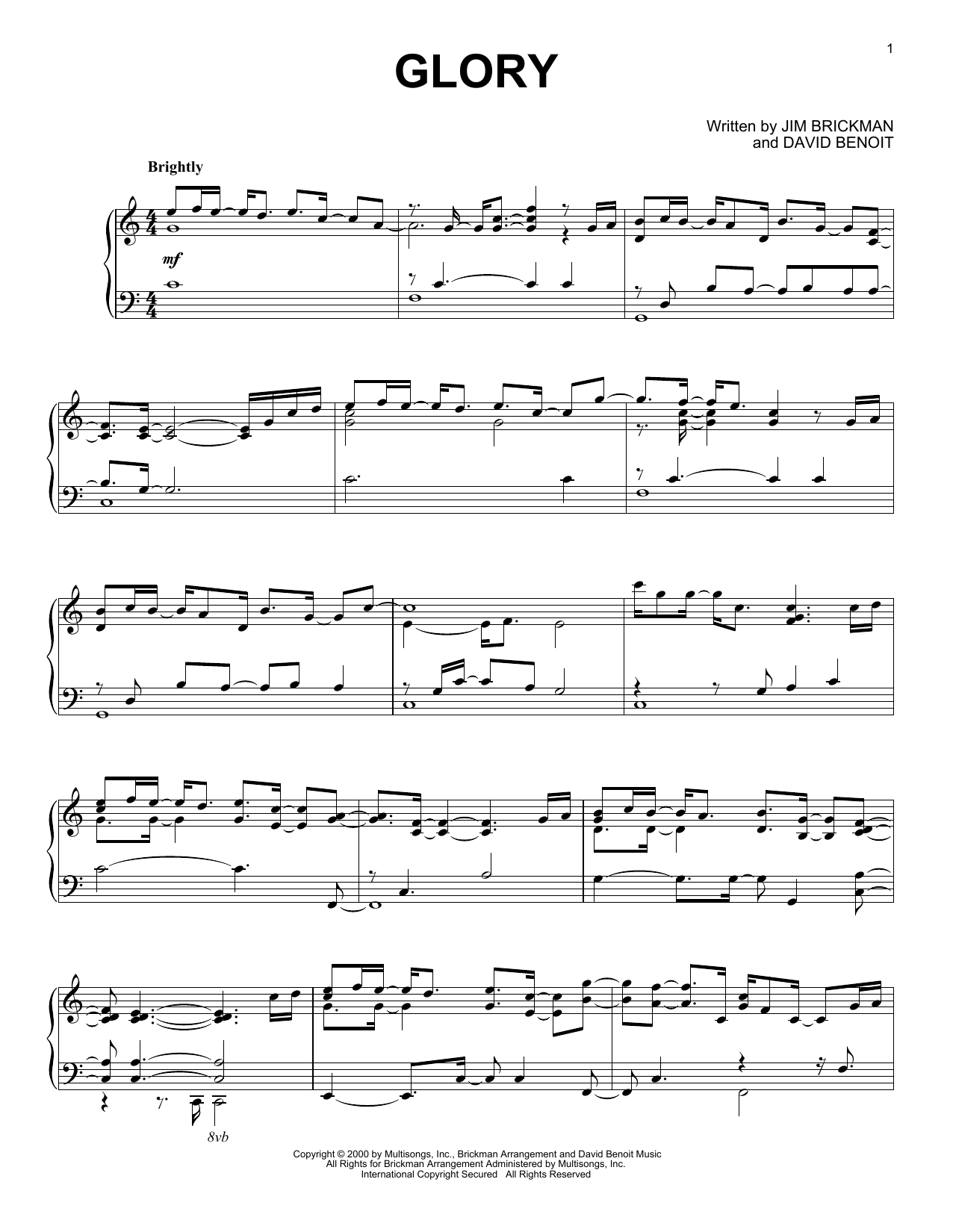 Jim Brickman Glory sheet music notes and chords arranged for Piano Solo