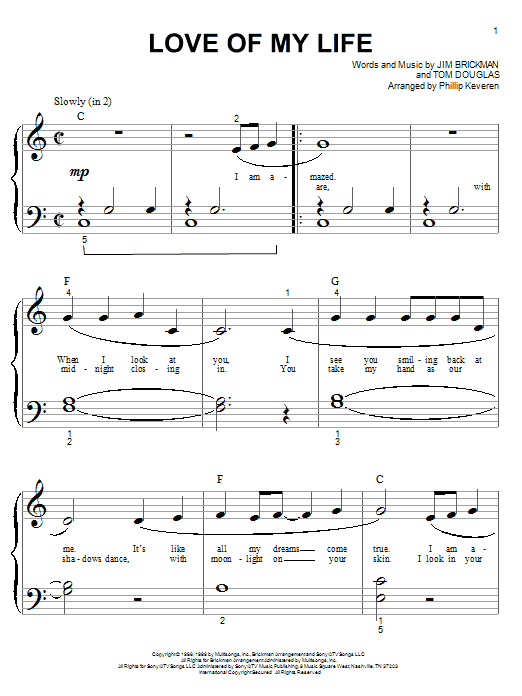 Jim Brickman Love Of My Life (arr. Phillip Keveren) sheet music notes and chords arranged for Big Note Piano
