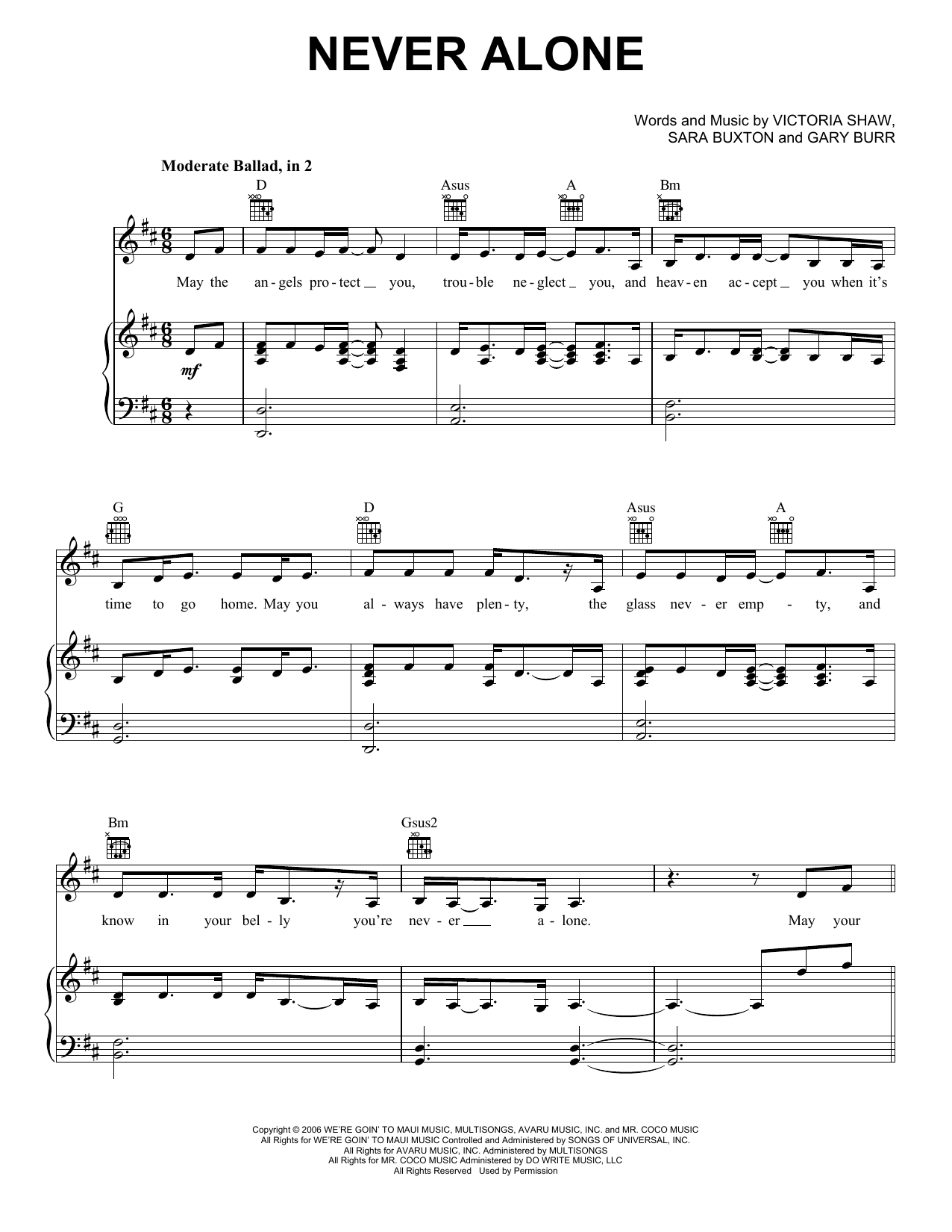 Jim Brickman Never Alone (feat. Lady A) sheet music notes and chords arranged for Piano, Vocal & Guitar Chords (Right-Hand Melody)
