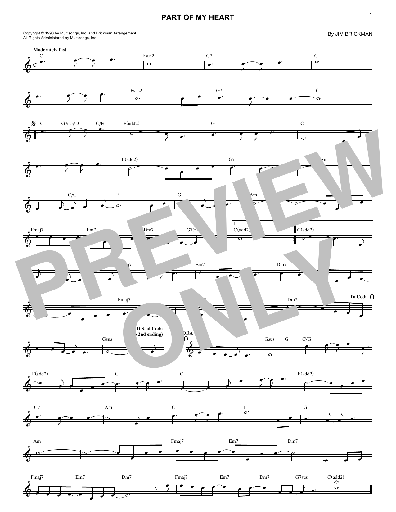 Jim Brickman Part Of My Heart sheet music notes and chords arranged for Lead Sheet / Fake Book
