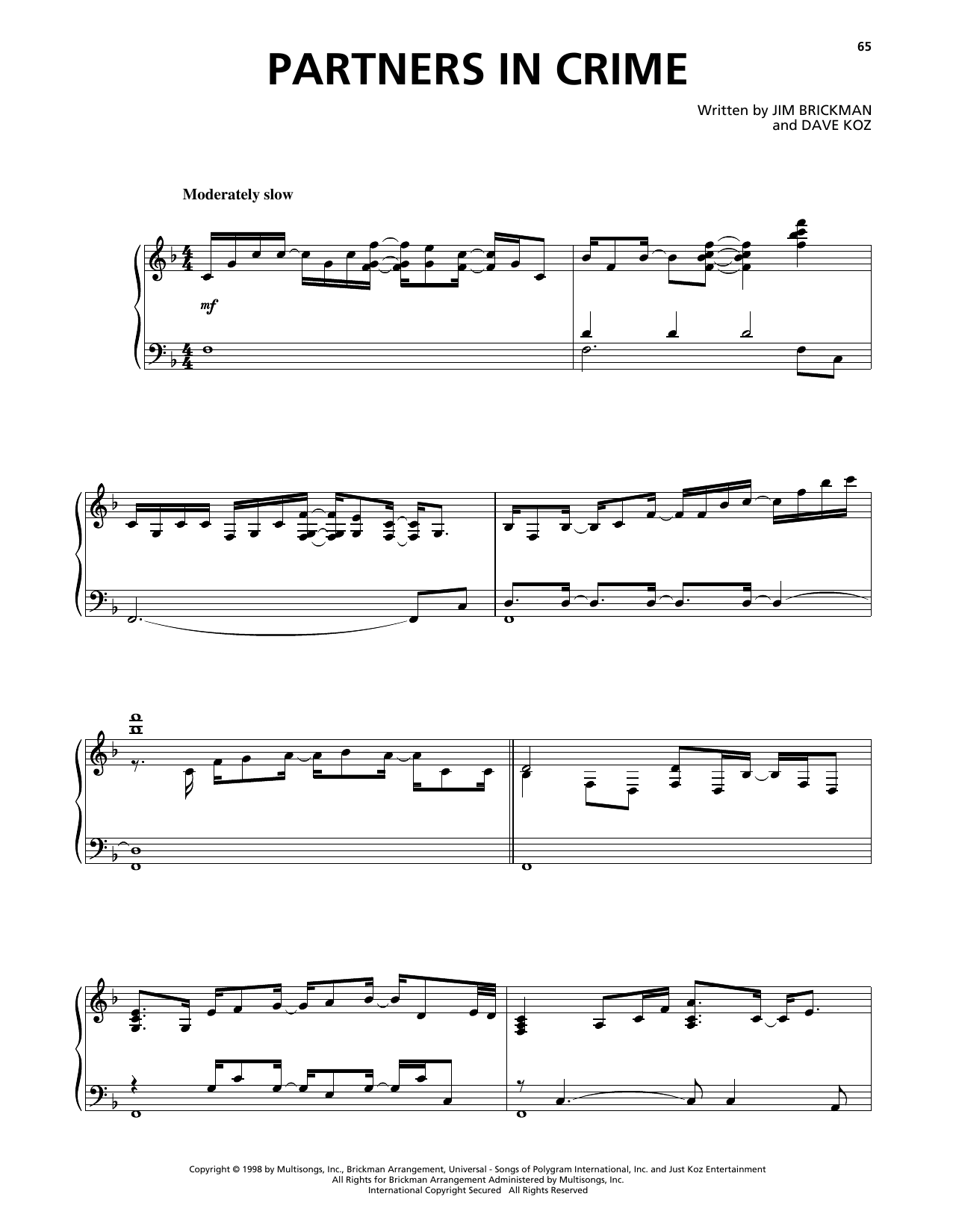 Jim Brickman Partners In Crime sheet music notes and chords arranged for Piano Solo