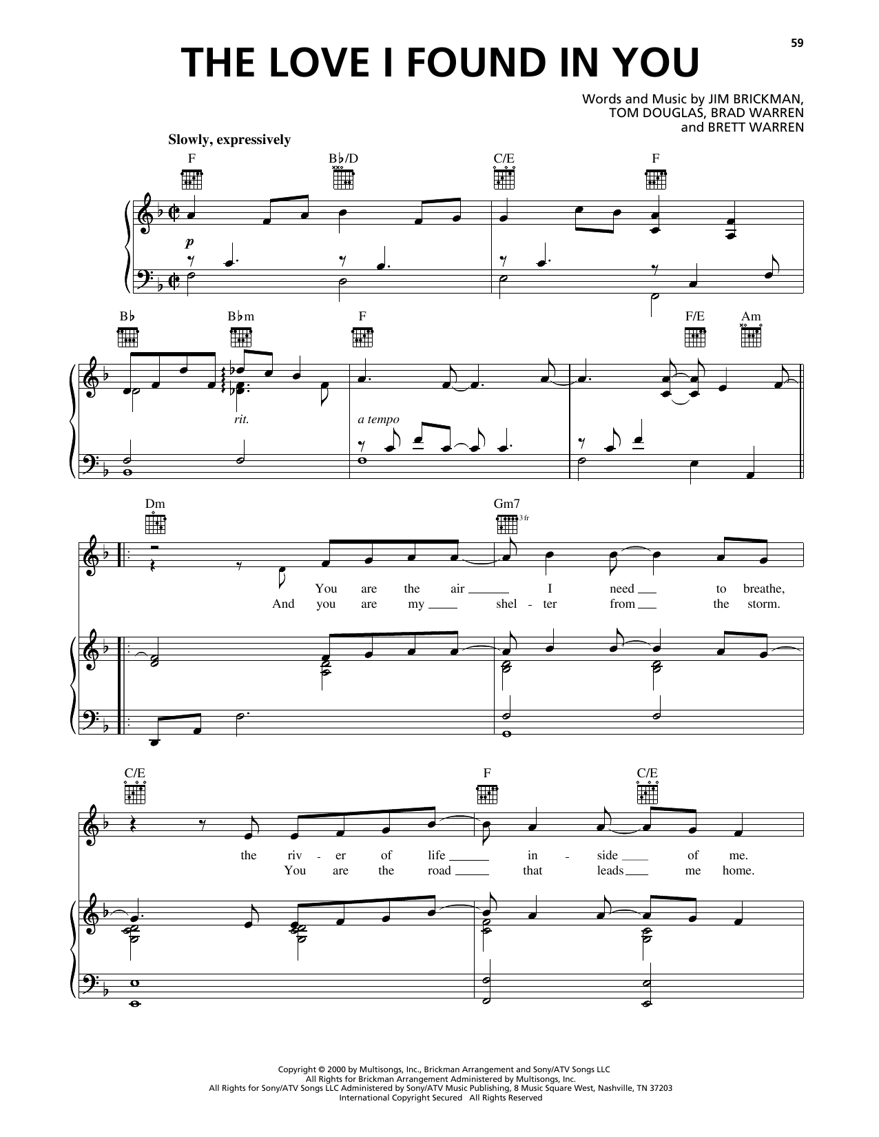 Jim Brickman The Love I Found In You sheet music notes and chords arranged for Piano, Vocal & Guitar Chords (Right-Hand Melody)