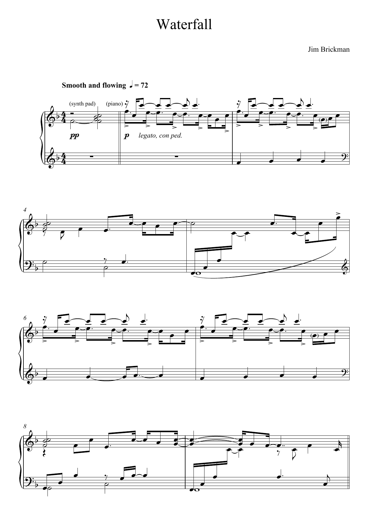 Jim Brickman Waterfall sheet music notes and chords arranged for Piano Solo
