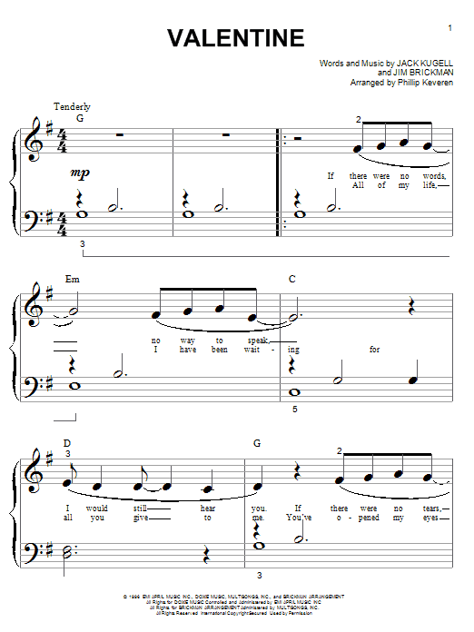 Jim Brickman with Martina McBride Valentine (arr. Phillip Keveren) sheet music notes and chords arranged for Piano Solo