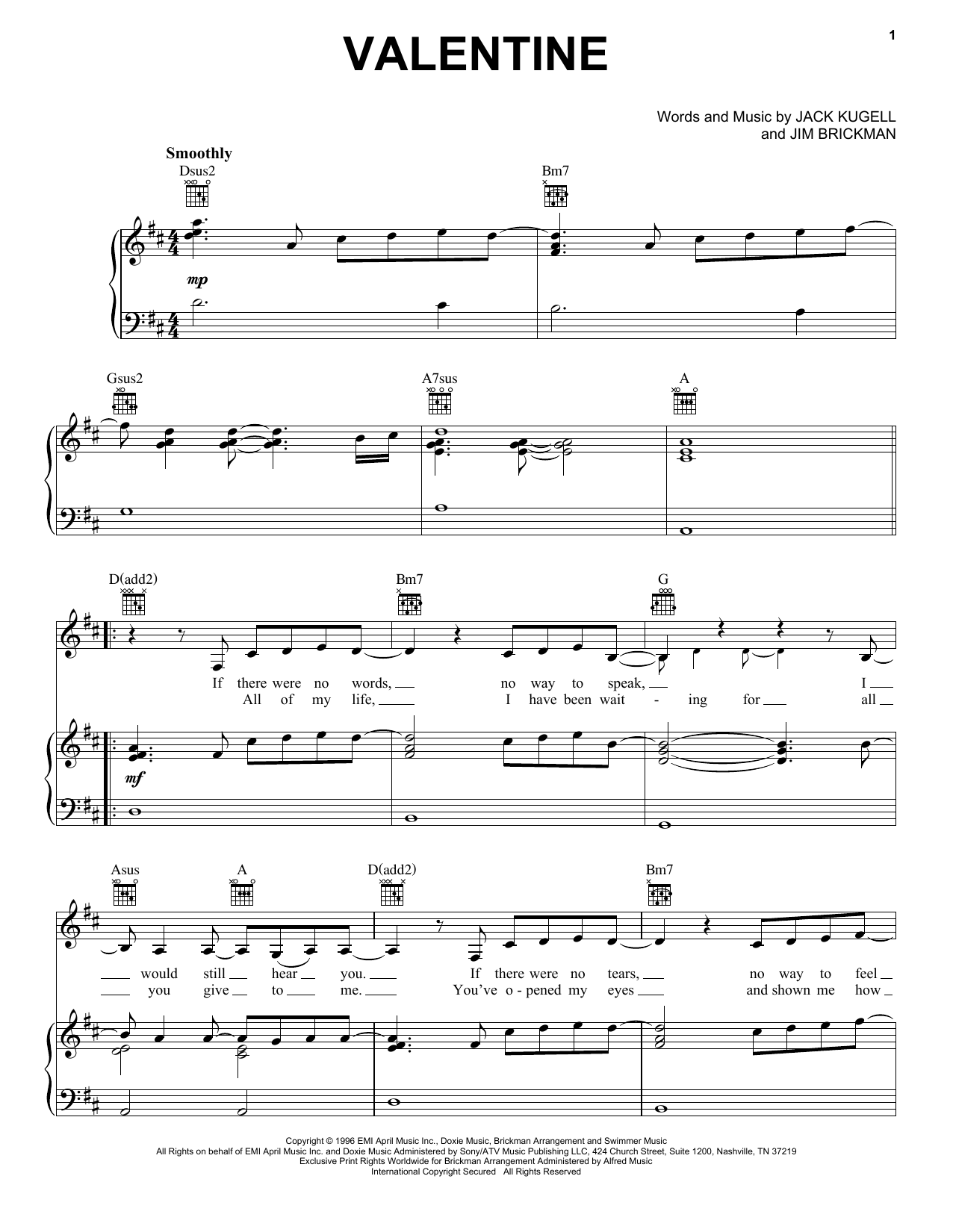 Jim Brickman with Martina McBride Valentine sheet music notes and chords arranged for Big Note Piano