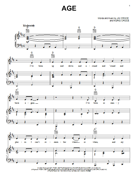 Jim Croce Age sheet music notes and chords arranged for Piano, Vocal & Guitar Chords (Right-Hand Melody)