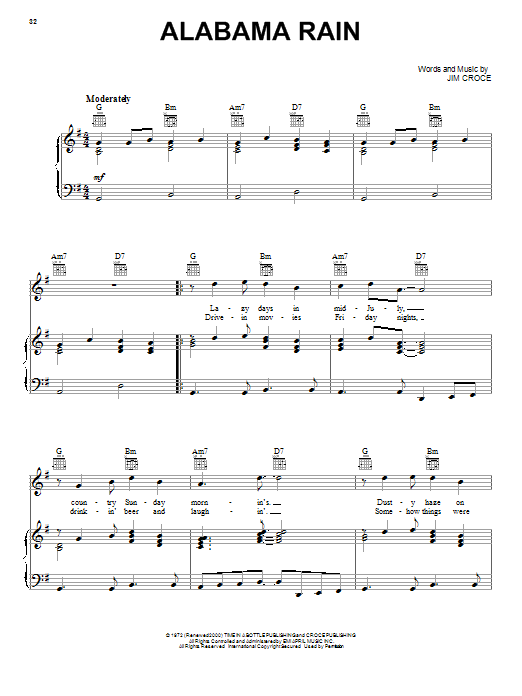 Jim Croce Alabama Rain sheet music notes and chords arranged for Guitar Chords/Lyrics