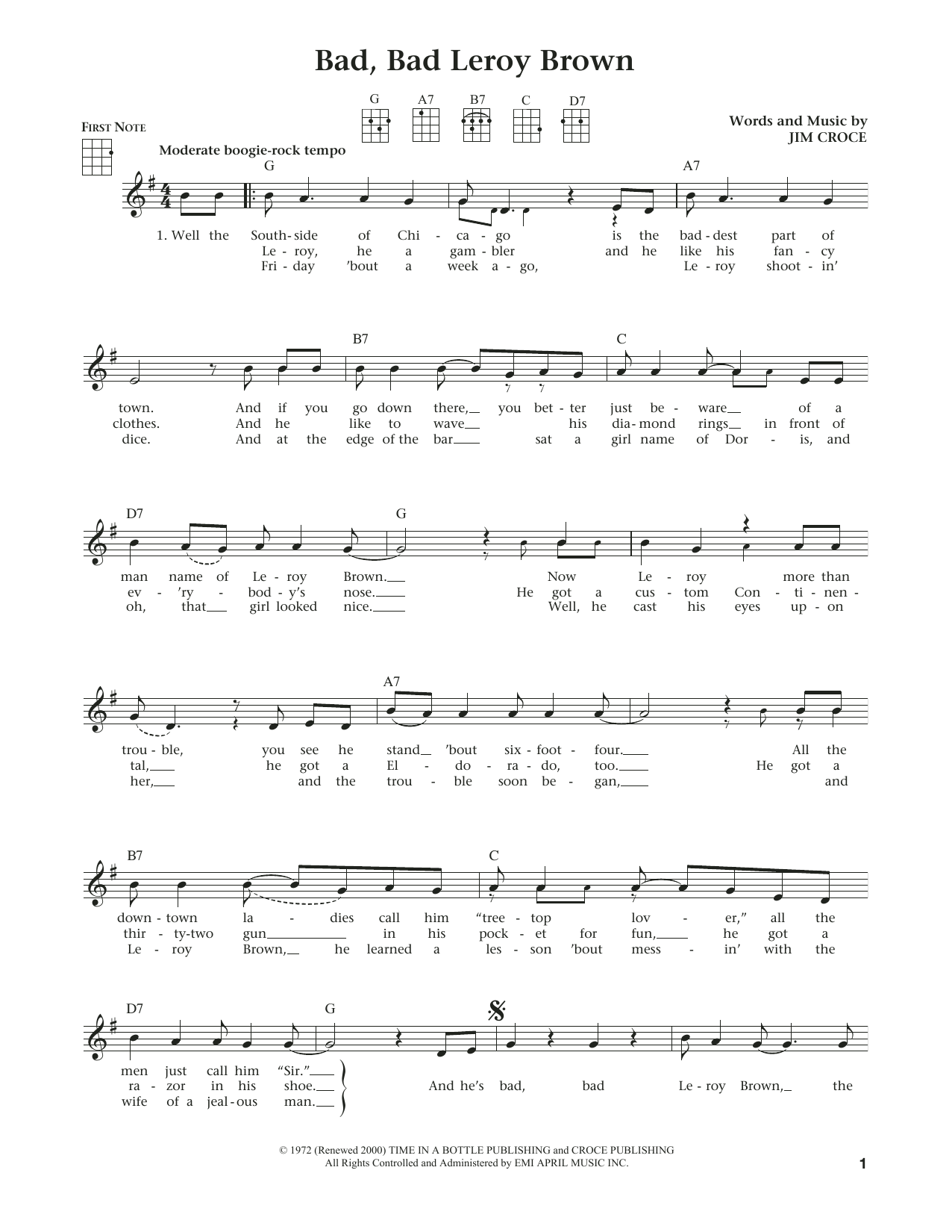 Jim Croce Bad, Bad Leroy Brown (from The Daily Ukulele) (arr. Liz and Jim Beloff) sheet music notes and chords arranged for Ukulele