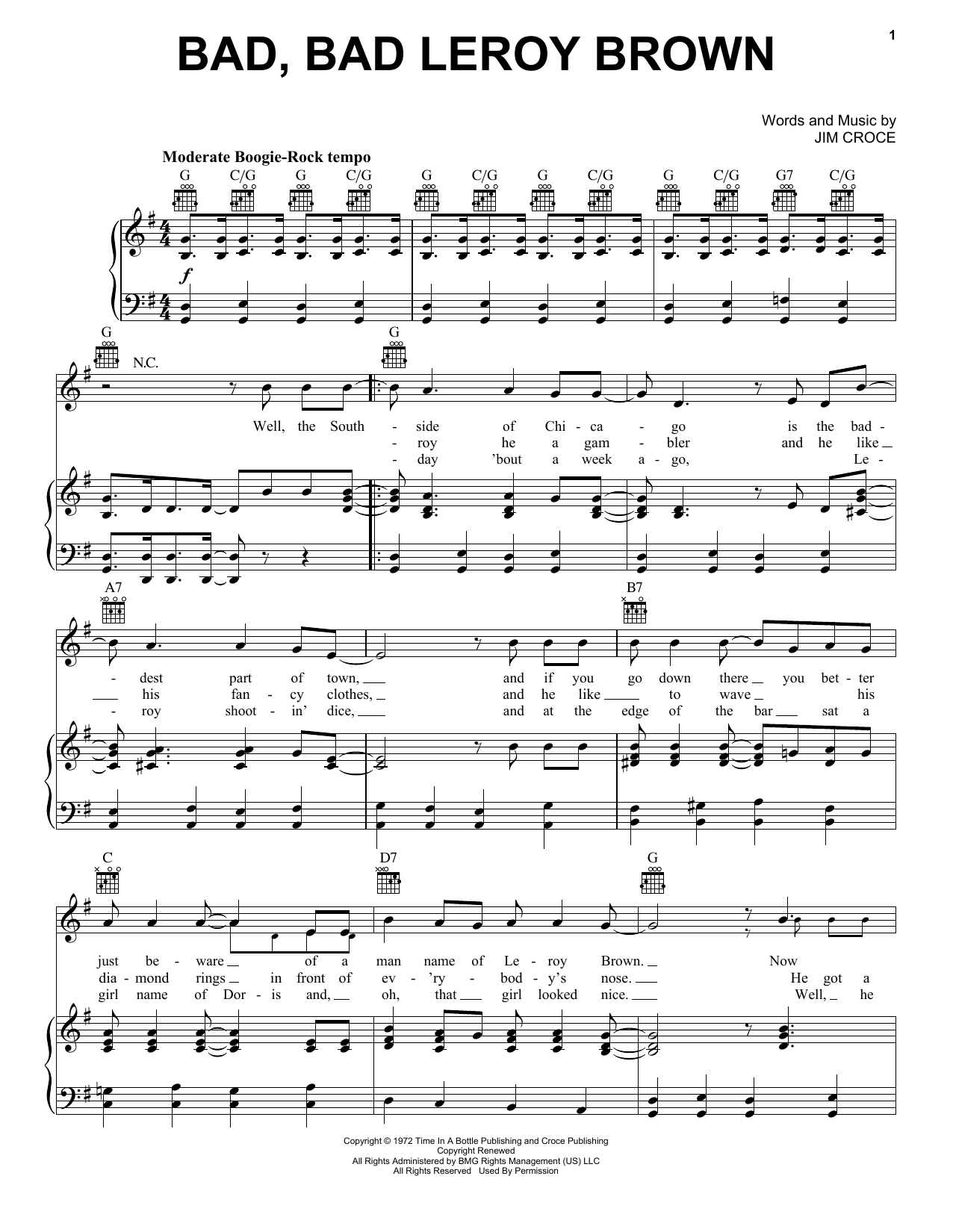 Jim Croce Bad, Bad Leroy Brown sheet music notes and chords arranged for French Horn Solo