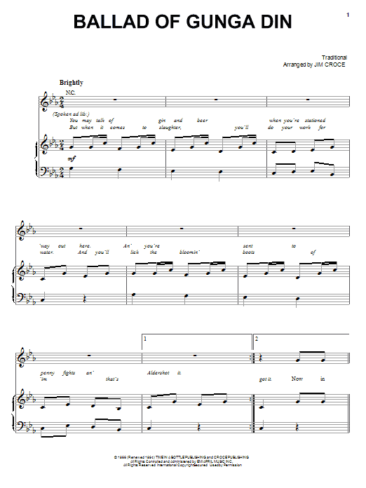 Jim Croce Ballad Of Gunga Din sheet music notes and chords arranged for Piano, Vocal & Guitar Chords (Right-Hand Melody)