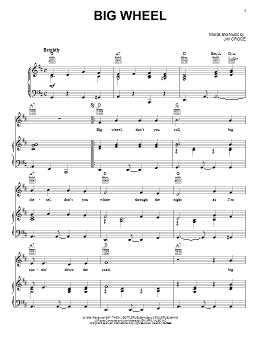Jim Croce Big Wheel sheet music notes and chords arranged for Piano, Vocal & Guitar Chords (Right-Hand Melody)