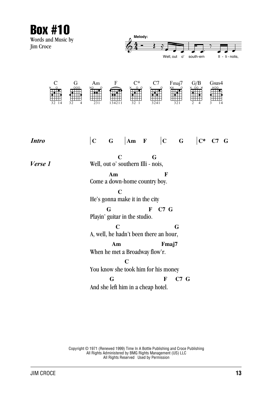 Jim Croce Box #10 sheet music notes and chords arranged for Guitar Chords/Lyrics