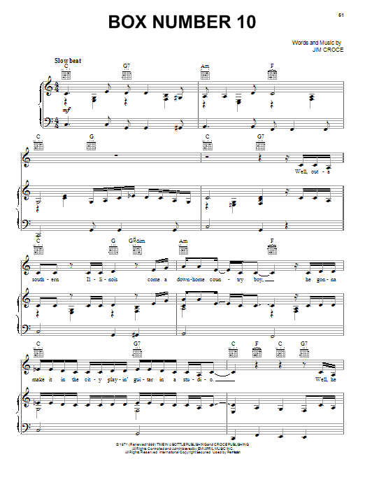 Jim Croce Box Number 10 sheet music notes and chords arranged for Piano, Vocal & Guitar Chords (Right-Hand Melody)