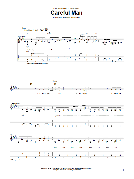 Jim Croce Careful Man sheet music notes and chords arranged for Guitar Chords/Lyrics