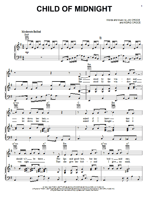 Jim Croce Child Of Midnight sheet music notes and chords arranged for Piano, Vocal & Guitar Chords (Right-Hand Melody)