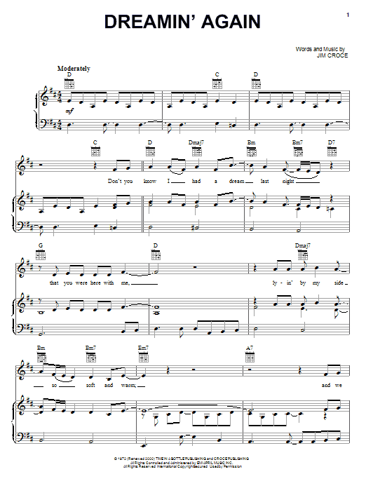 Jim Croce Dreamin' Again sheet music notes and chords arranged for Piano, Vocal & Guitar Chords (Right-Hand Melody)