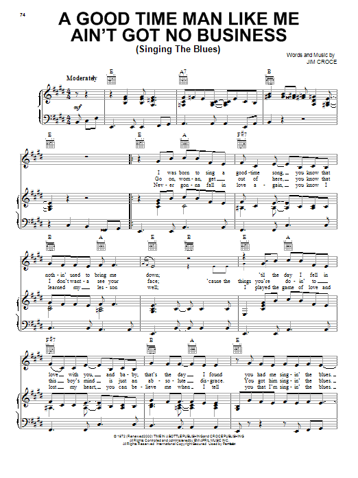 Jim Croce Got No Business Singing The Blues sheet music notes and chords arranged for Piano, Vocal & Guitar Chords (Right-Hand Melody)