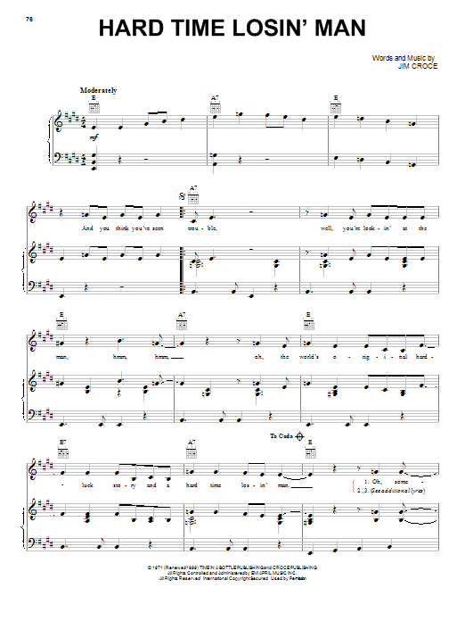 Jim Croce Hard Time Losin' Man sheet music notes and chords arranged for Guitar Chords/Lyrics