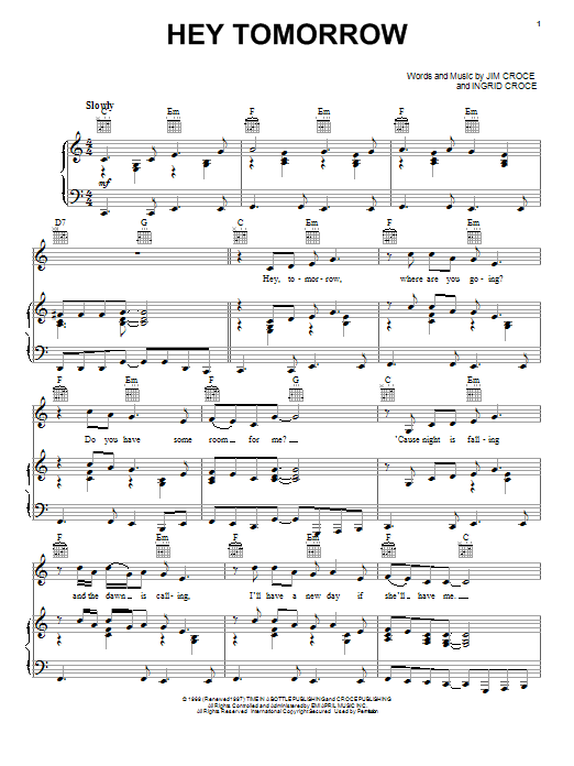 Jim Croce Hey Tomorrow sheet music notes and chords arranged for Guitar Chords/Lyrics