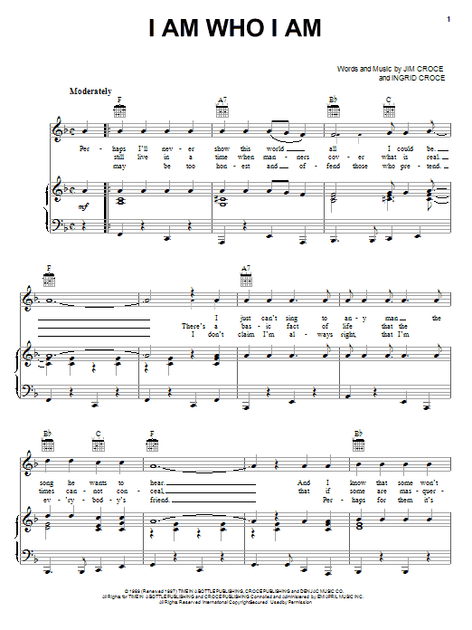 Jim Croce I Am Who I Am sheet music notes and chords arranged for Piano, Vocal & Guitar Chords (Right-Hand Melody)