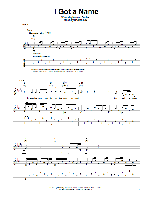 Jim Croce I Got A Name sheet music notes and chords arranged for Really Easy Guitar
