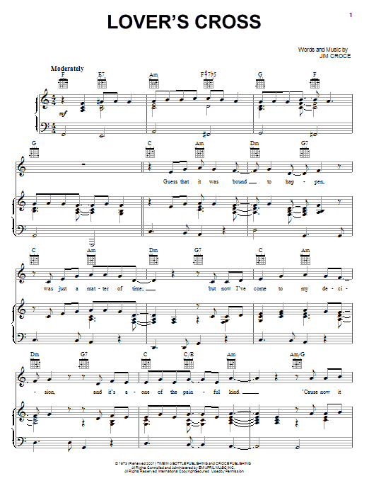Jim Croce Lover's Cross sheet music notes and chords arranged for Piano, Vocal & Guitar Chords (Right-Hand Melody)