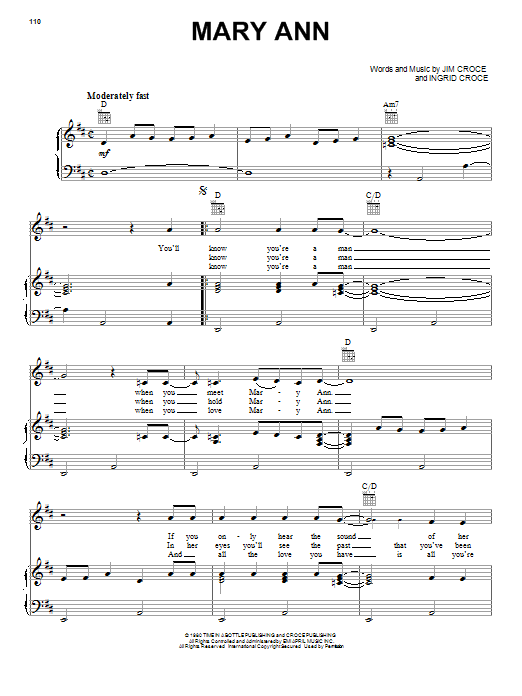 Jim Croce Mary Ann sheet music notes and chords arranged for Piano, Vocal & Guitar Chords (Right-Hand Melody)