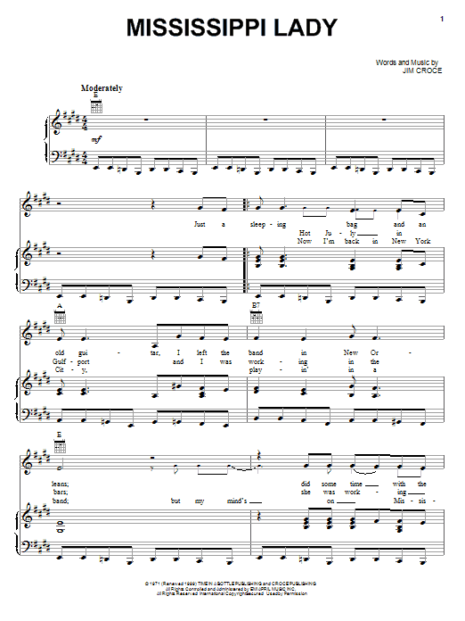 Jim Croce Mississippi Lady sheet music notes and chords arranged for Piano, Vocal & Guitar Chords (Right-Hand Melody)