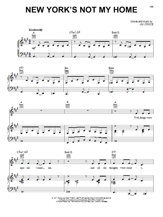 Jim Croce New York's Not My Home sheet music notes and chords arranged for Guitar Chords/Lyrics