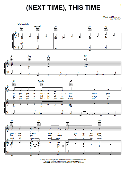Jim Croce (Next Time), This Time sheet music notes and chords arranged for Piano, Vocal & Guitar Chords (Right-Hand Melody)