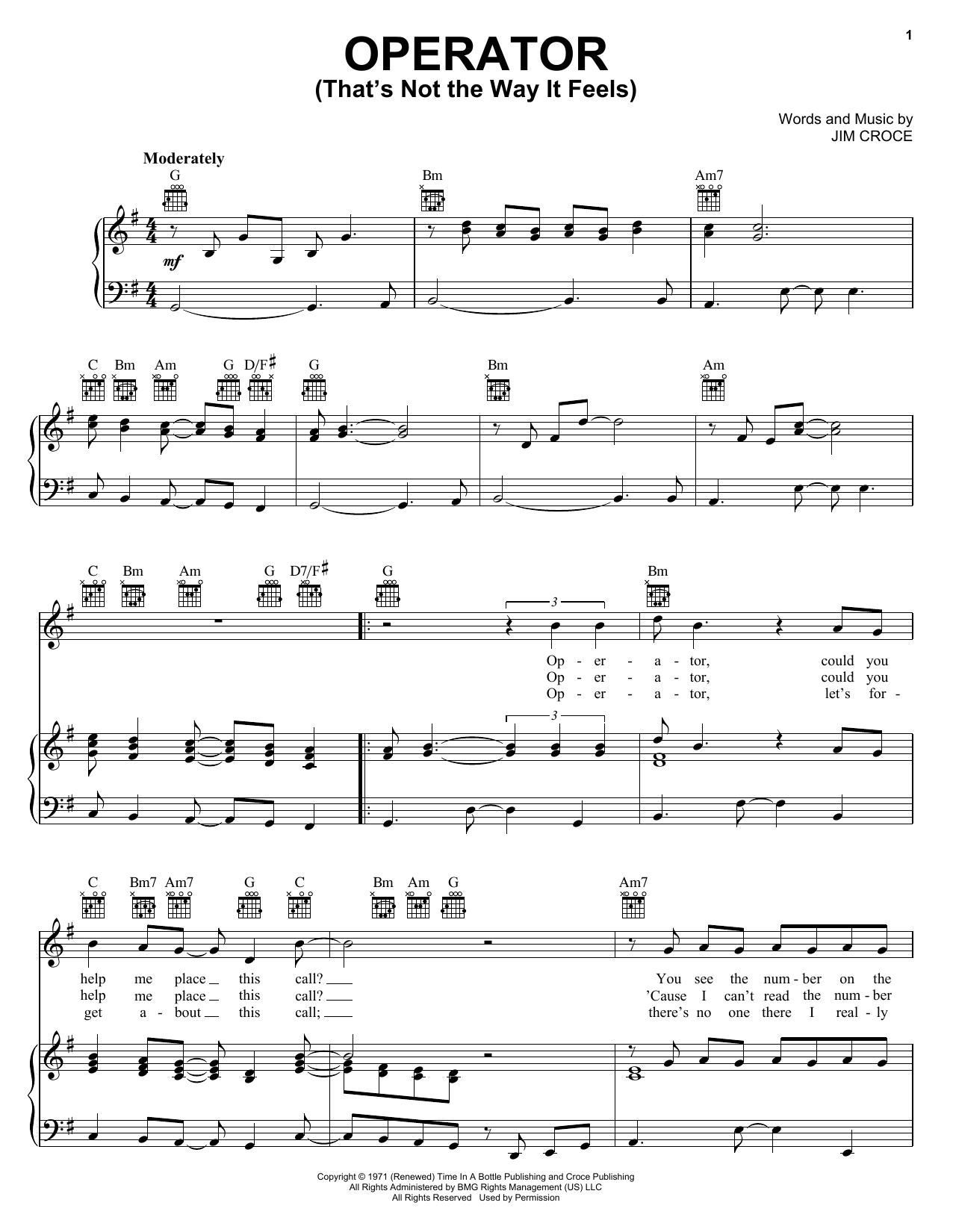 Jim Croce Operator (That's Not The Way It Feels) sheet music notes and chords arranged for Guitar Tab (Single Guitar)