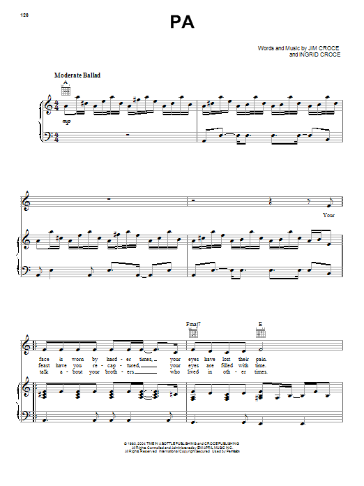 Jim Croce Pa sheet music notes and chords arranged for Piano, Vocal & Guitar Chords (Right-Hand Melody)