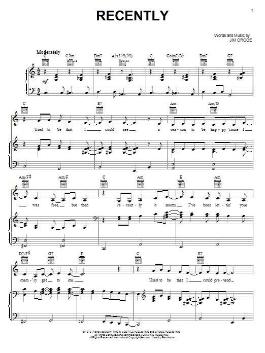 Jim Croce Recently sheet music notes and chords arranged for Piano, Vocal & Guitar Chords (Right-Hand Melody)