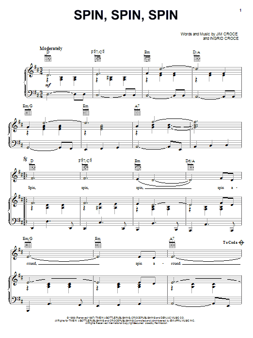 Jim Croce Spin, Spin, Spin sheet music notes and chords arranged for Piano, Vocal & Guitar Chords (Right-Hand Melody)